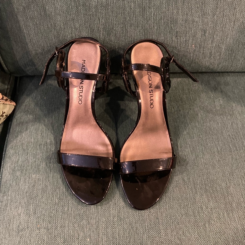 Madison Studio black patent heels.